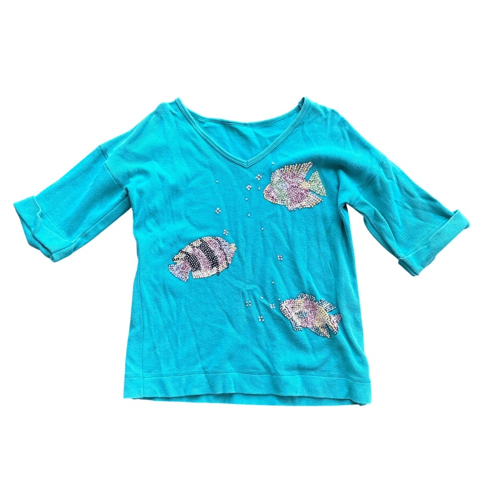 Beaded Tropical Fish Teal V-Neck Cuffed Sleeve Top Ribbed Knit Coastal Shirt‎